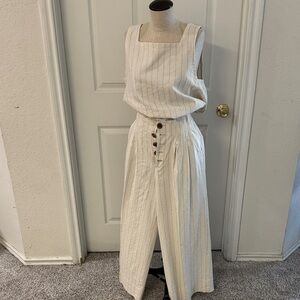 Wide Leg Striped Linen-Blend Jumpsuit in Ivory